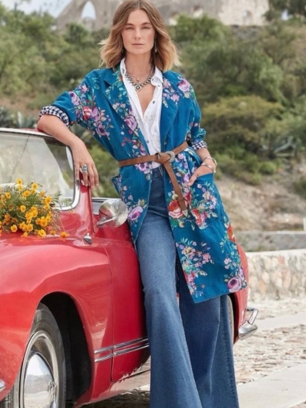 STUNNING Sundance Linen Cotton Blend Blue Floral Jacket Duster Coat